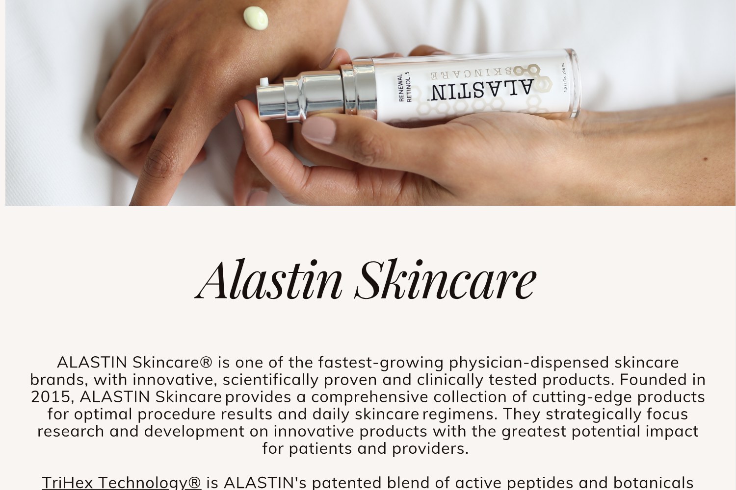 Alastin Skincare brand editorial with a hand holding a product tube