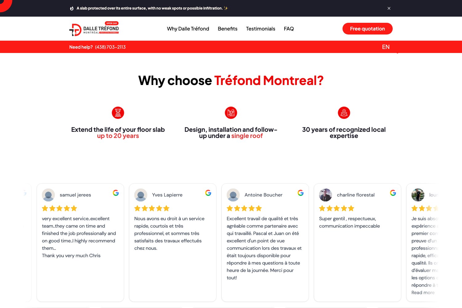 Dalle Trefond English page: Why choose Trefond Montreal, three commitments above Google reviews