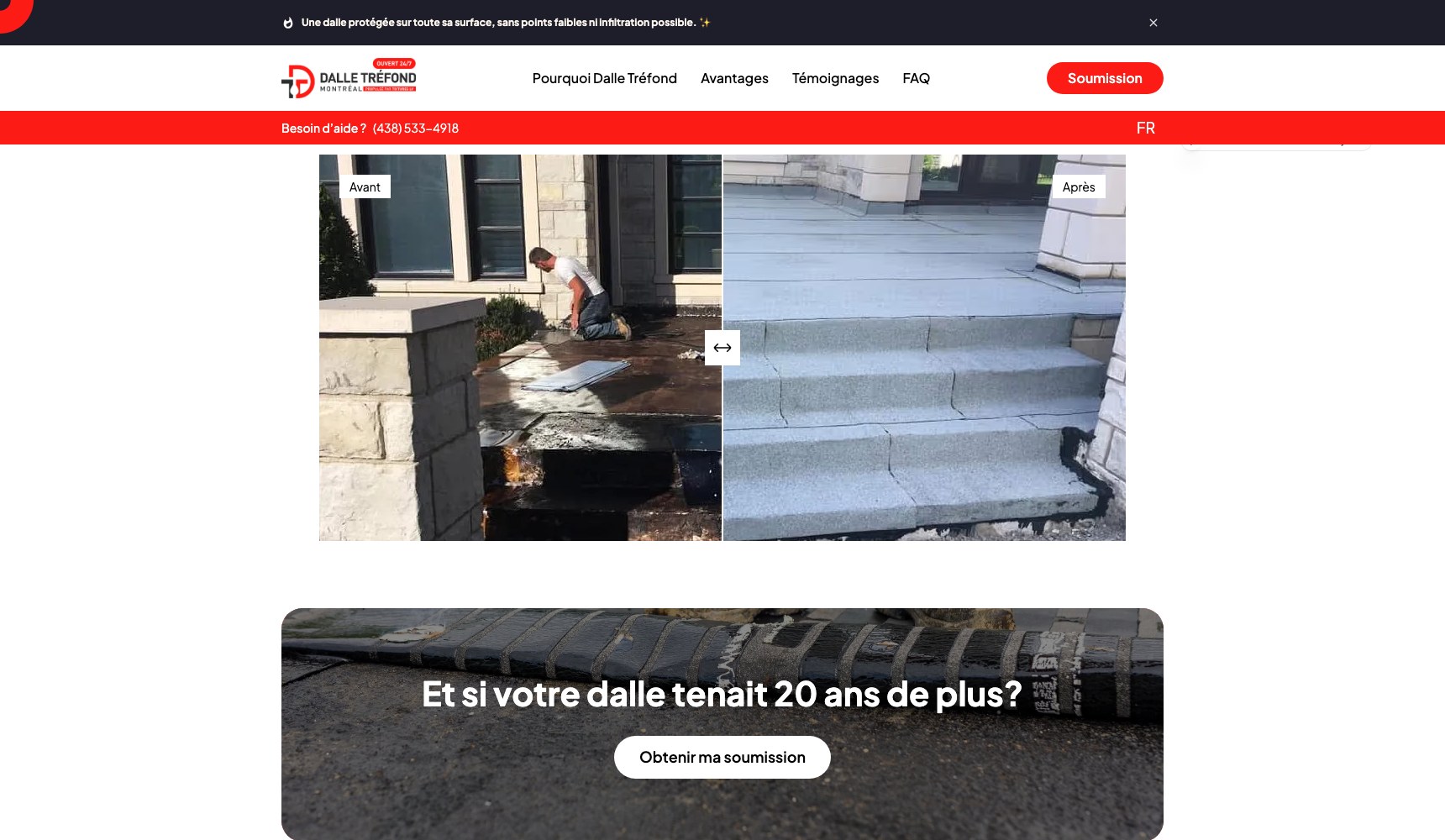 Dalle Trefond before-and-after repair slider above the Et si votre dalle tenait 20 ans de plus call to action