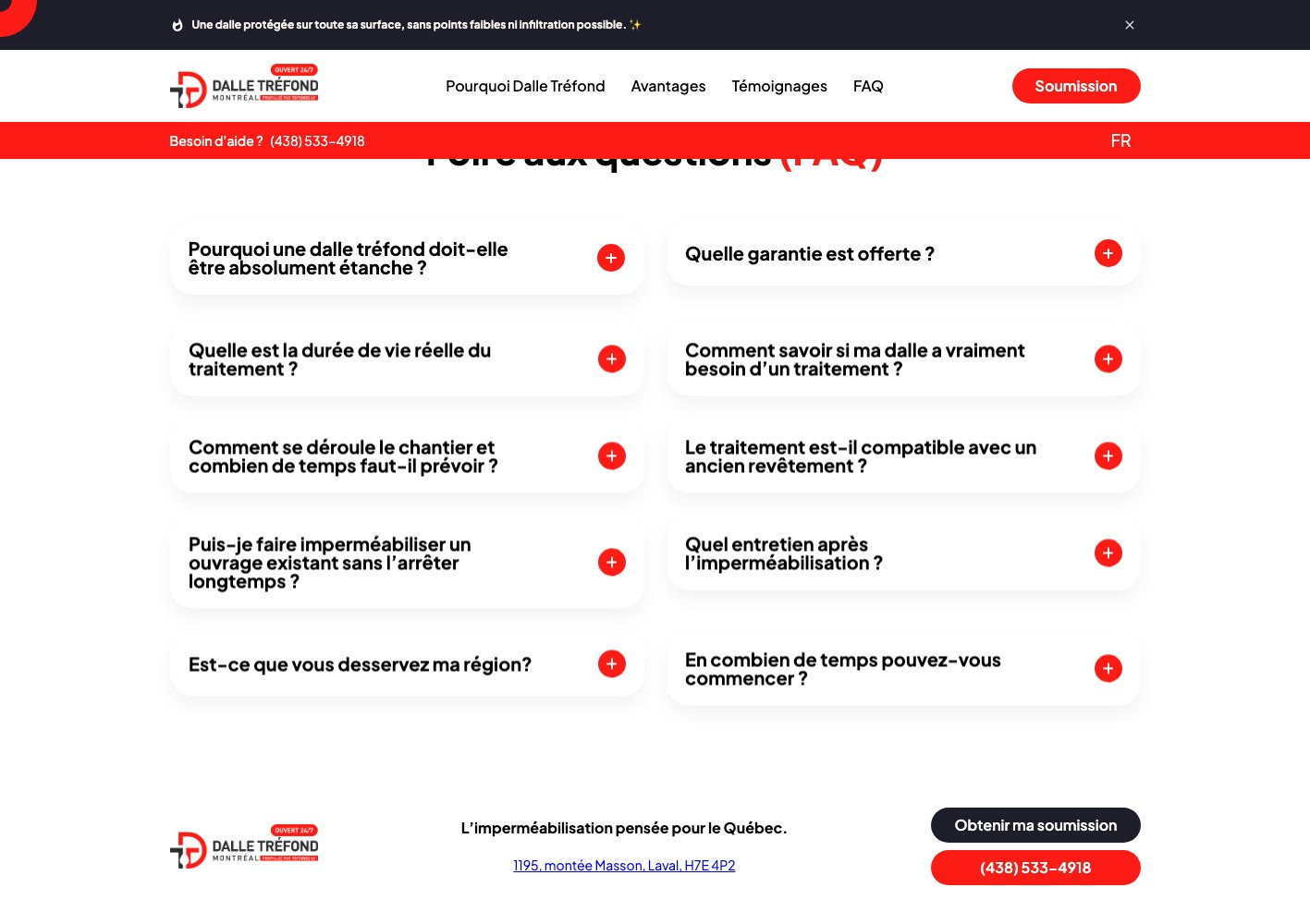 Dalle Trefond Foire aux questions accordion covering eight common waterproofing questions
