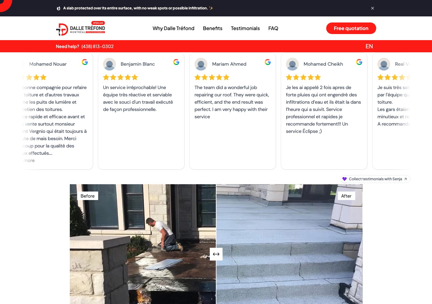 Dalle Trefond English Google reviews beside before-and-after repair photography