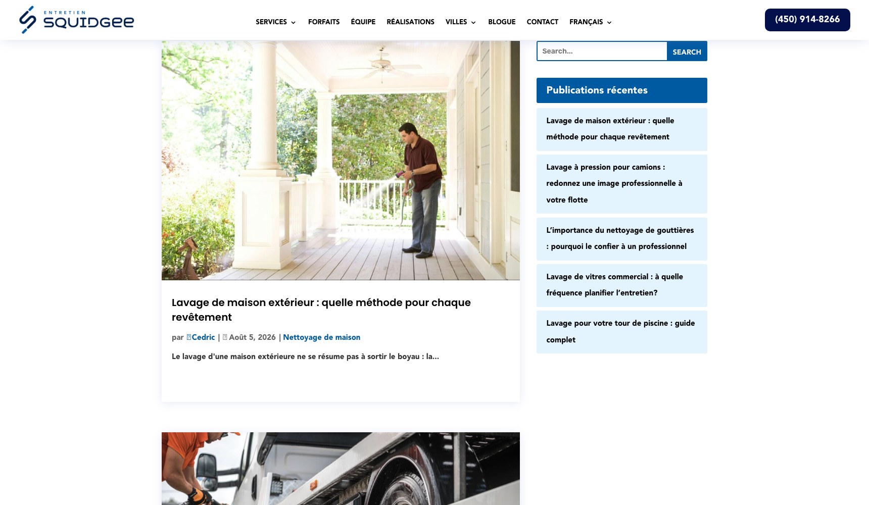 Entretien Squidgee blog index with recent articles on exterior washing, gutters and pressure cleaning