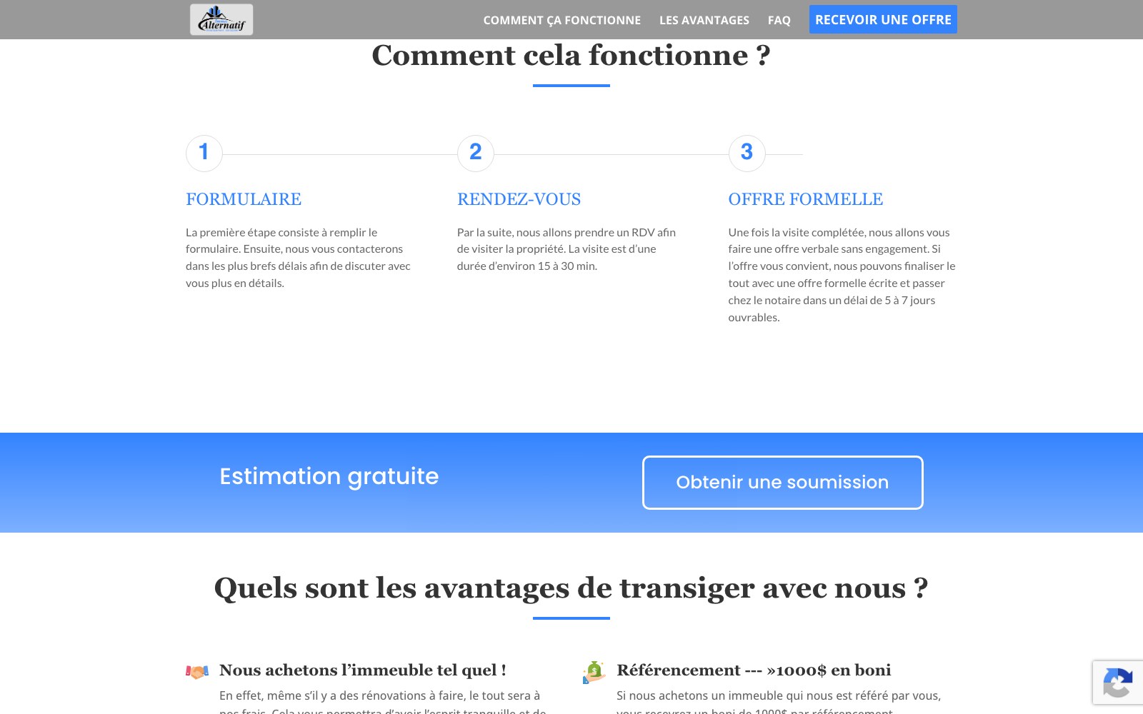 Immo Alternatif three-step process above the free estimate band and the seller advantages list