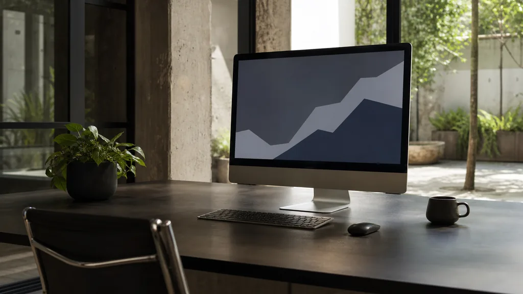 Editorial photograph of a Johannesburg studio with polished concrete, leafy courtyard light and abstract chart shapes on a monitor
