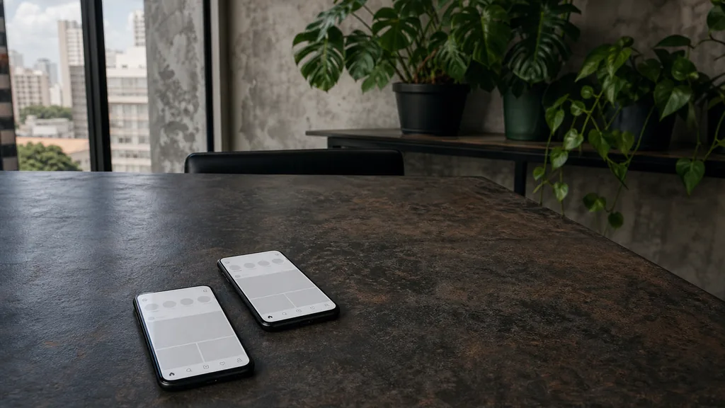 Editorial photograph of a Sao Paulo studio with painted concrete walls, tropical plants and phones showing blank social feed layouts