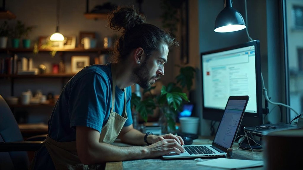 A small-business owner in an apron leaning over a laptop on a cluttered back-office desk late in the day, photographed in Montréal