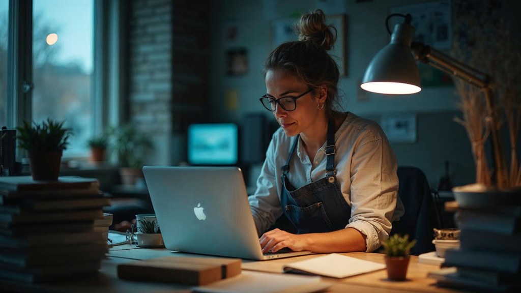 A small-business owner in an apron leaning over a laptop on a cluttered back-office desk late in the day, photographed in Montréal