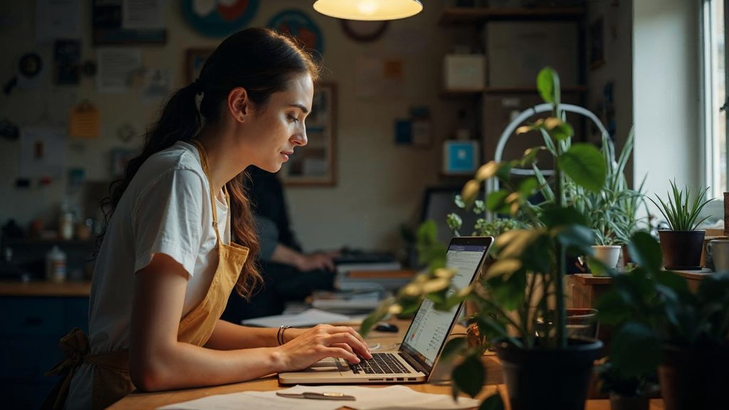 A small-business owner in an apron leaning over a laptop on a cluttered back-office desk late in the day, photographed in Montréal