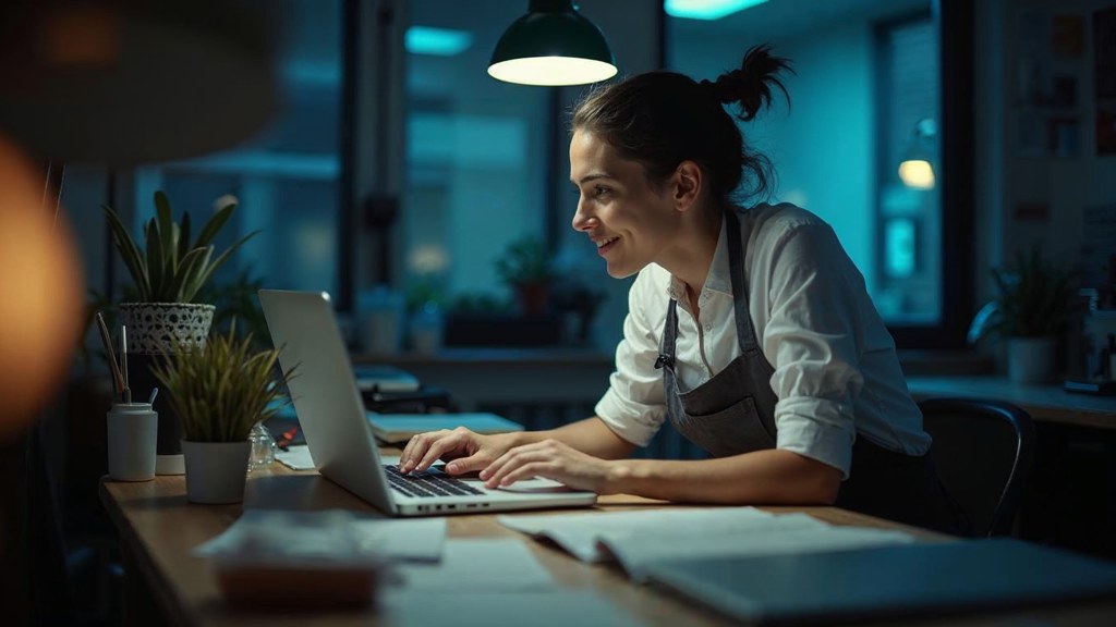A small-business owner in an apron leaning over a laptop on a cluttered back-office desk late in the day, photographed in Montréal