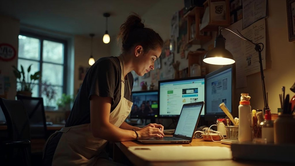 A small-business owner in an apron leaning over a laptop on a cluttered back-office desk late in the day, photographed in Montréal