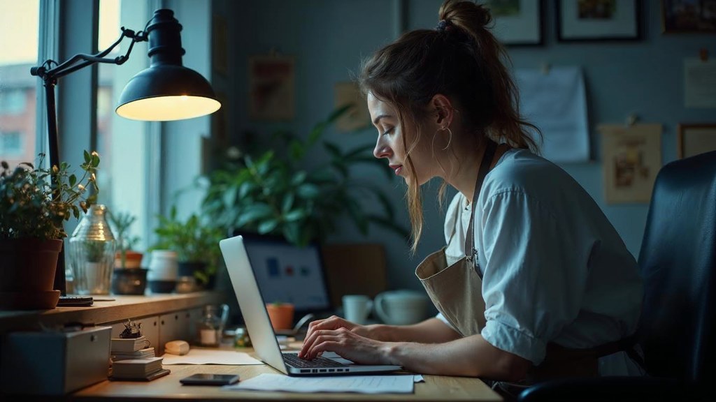 A small-business owner in an apron leaning over a laptop on a cluttered back-office desk late in the day, photographed in Montréal