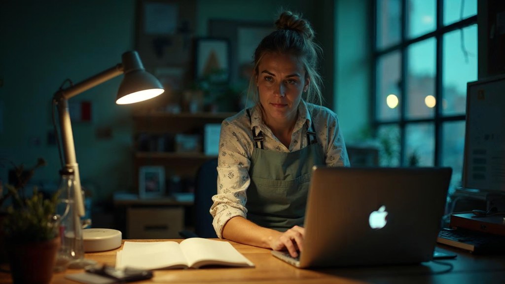 A small-business owner in an apron leaning over a laptop on a cluttered back-office desk late in the day, photographed in Montréal