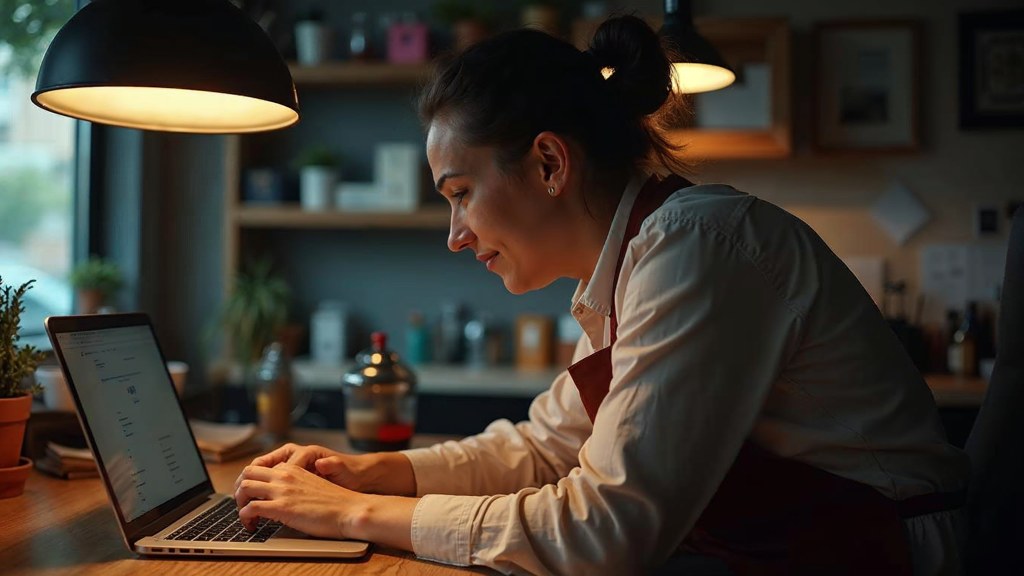 A small-business owner in an apron leaning over a laptop on a cluttered back-office desk late in the day, photographed in Montréal