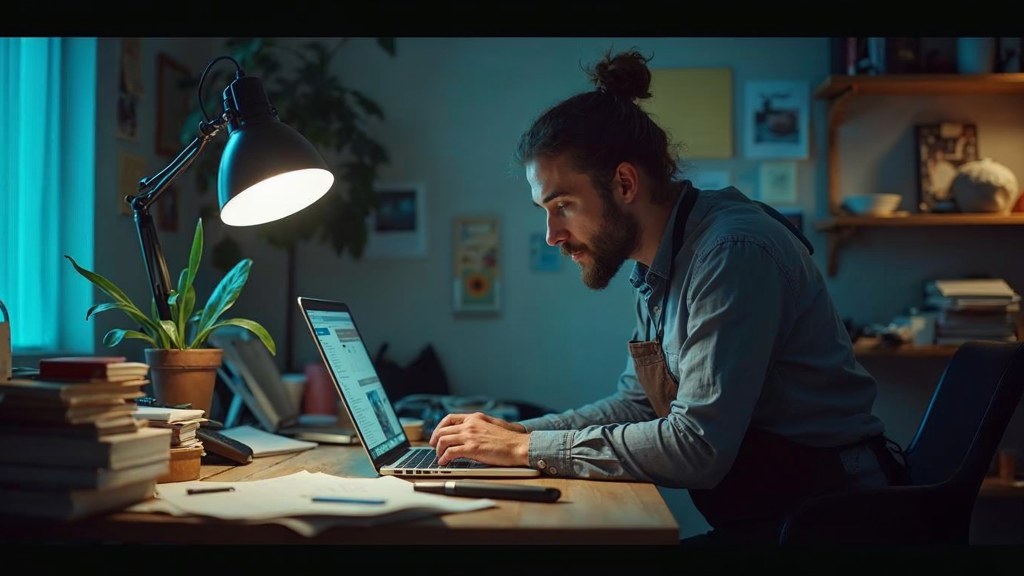 A small-business owner in an apron leaning over a laptop on a cluttered back-office desk late in the day, photographed in Montréal