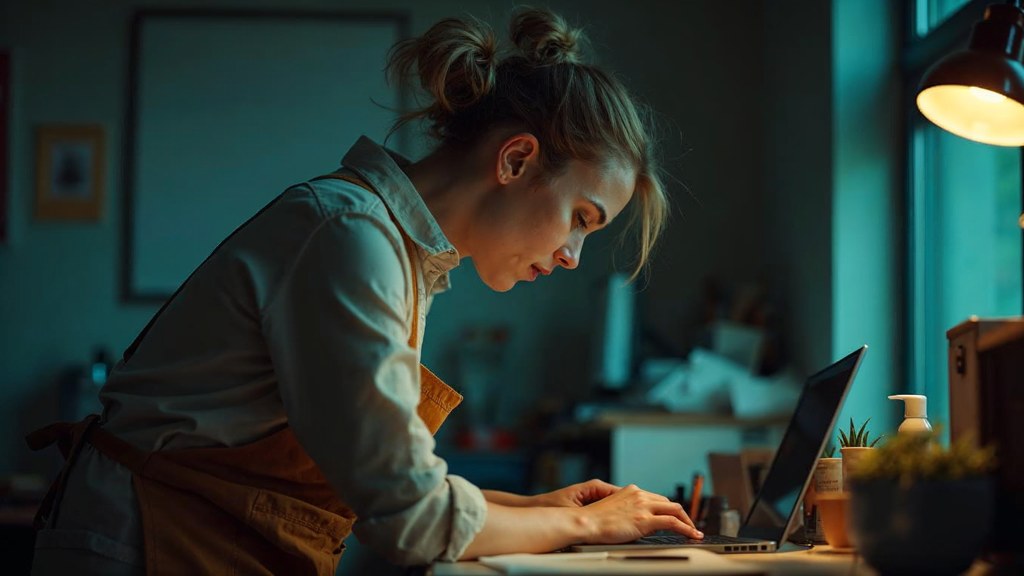 A small-business owner in an apron leaning over a laptop on a cluttered back-office desk late in the day, photographed in Montréal