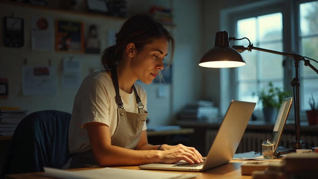 A small-business owner in an apron leaning over a laptop on a cluttered back-office desk late in the day, photographed in Montréal