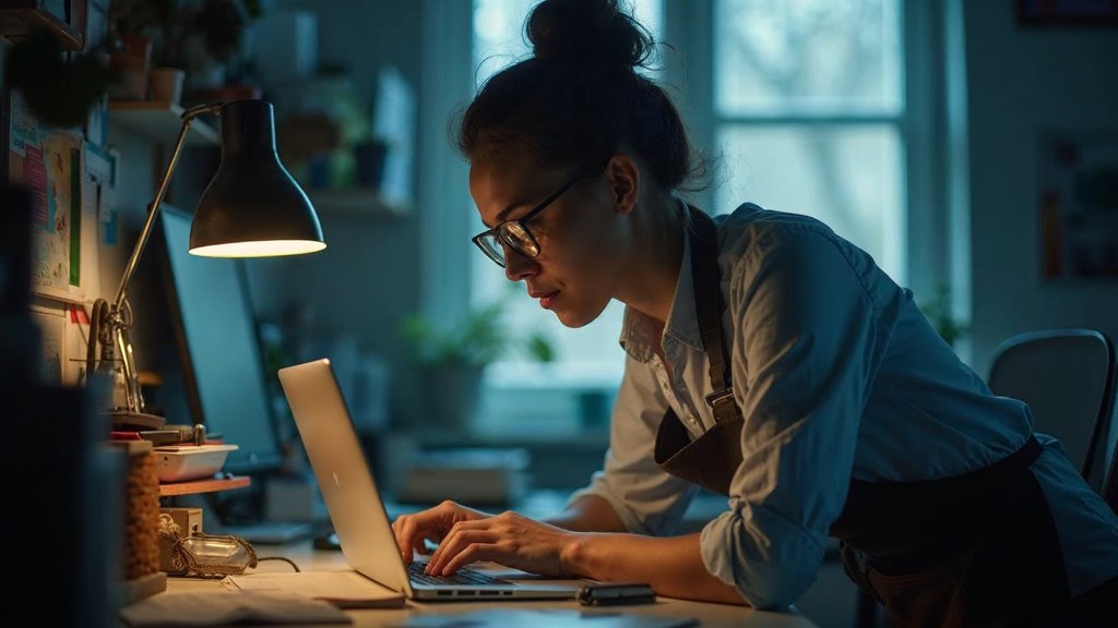 A small-business owner in an apron leaning over a laptop on a cluttered back-office desk late in the day, photographed in Montréal