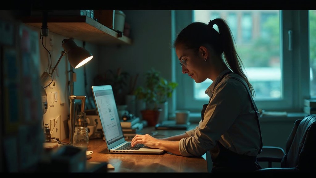 A small-business owner in an apron leaning over a laptop on a cluttered back-office desk late in the day, photographed in Montréal