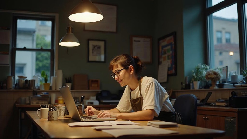 A small-business owner in an apron leaning over a laptop on a cluttered back-office desk late in the day, photographed in Montréal