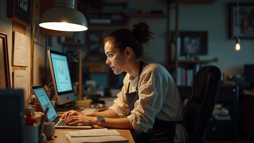 A small-business owner in an apron leaning over a laptop on a cluttered back-office desk late in the day, photographed in Montréal