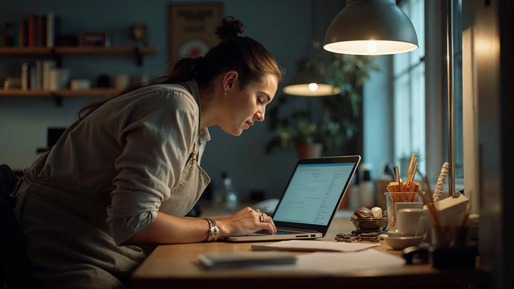 A small-business owner in an apron leaning over a laptop on a cluttered back-office desk late in the day, photographed in Montréal