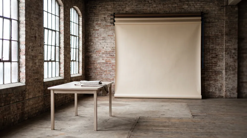 Editorial photograph of an empty photography studio in an Indianapolis brick warehouse conversion with a warm bone paper sweep and a plain pale ash still-life table holding folded linen, no people and no signage