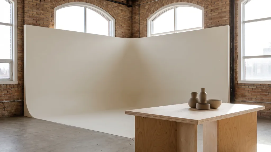 Editorial photograph of an empty photography studio in a Calgary industrial loft with a cool cream cyclorama and a plain birch shooting table holding neutral ceramics, no people and no signage