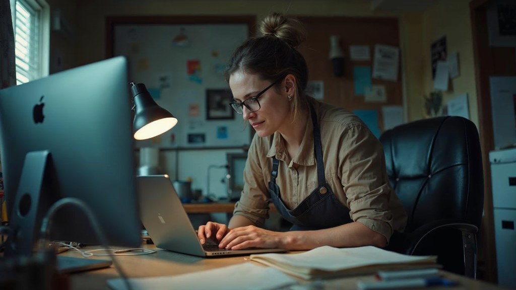 A small-business owner in an apron leaning over a laptop on a cluttered back-office desk late in the day, photographed in Nashville