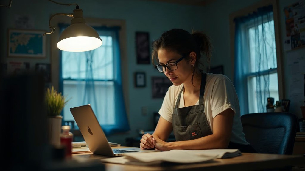 A small-business owner in an apron leaning over a laptop on a cluttered back-office desk late in the day, photographed in Nashville