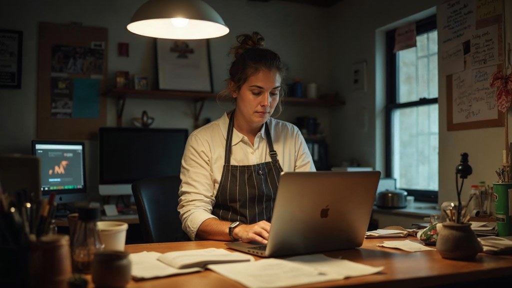 A small-business owner in an apron leaning over a laptop on a cluttered back-office desk late in the day, photographed in Nashville