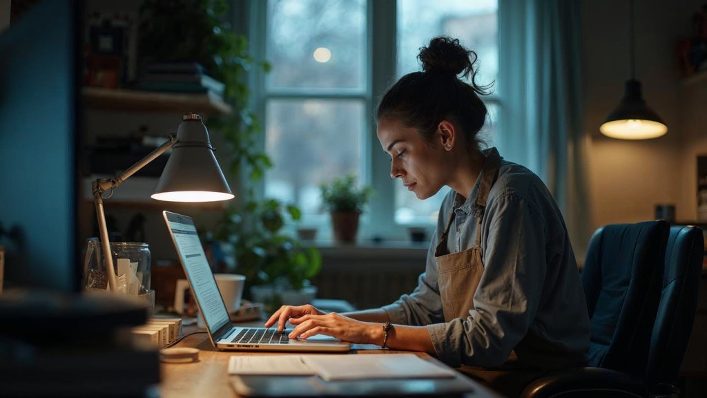 A small-business owner in an apron leaning over a laptop on a cluttered back-office desk late in the day, photographed in Nashville
