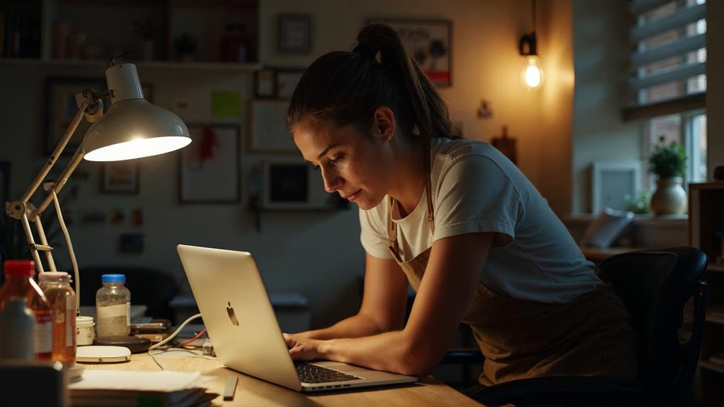A small-business owner in an apron leaning over a laptop on a cluttered back-office desk late in the day, photographed in Nashville