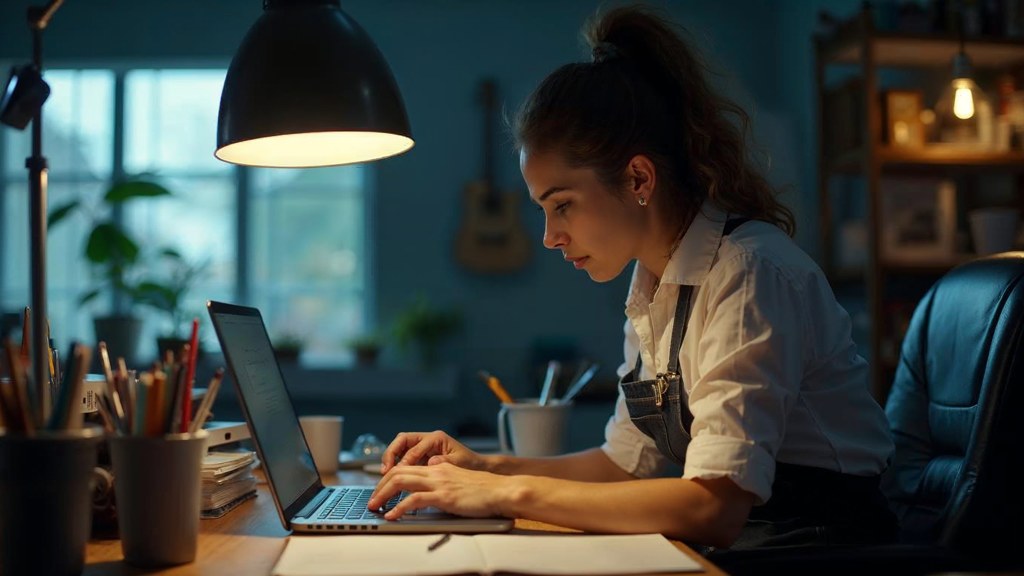 A small-business owner in an apron leaning over a laptop on a cluttered back-office desk late in the day, photographed in Nashville