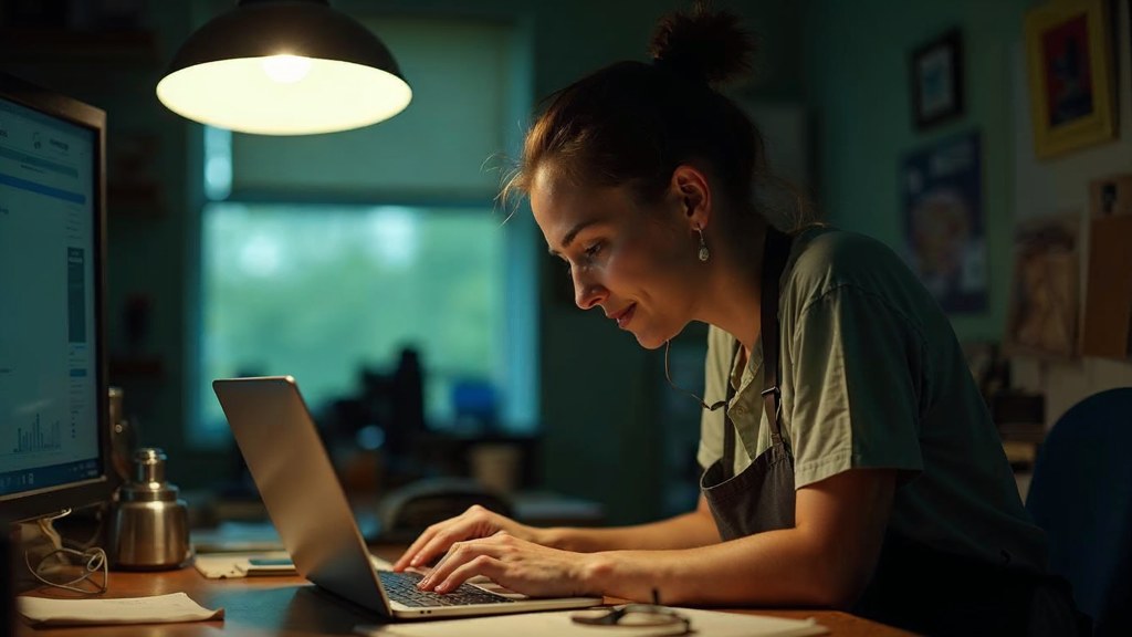A small-business owner in an apron leaning over a laptop on a cluttered back-office desk late in the day, photographed in Nashville
