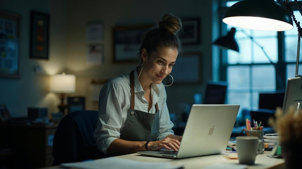 A small-business owner in an apron leaning over a laptop on a cluttered back-office desk late in the day, photographed in Nashville