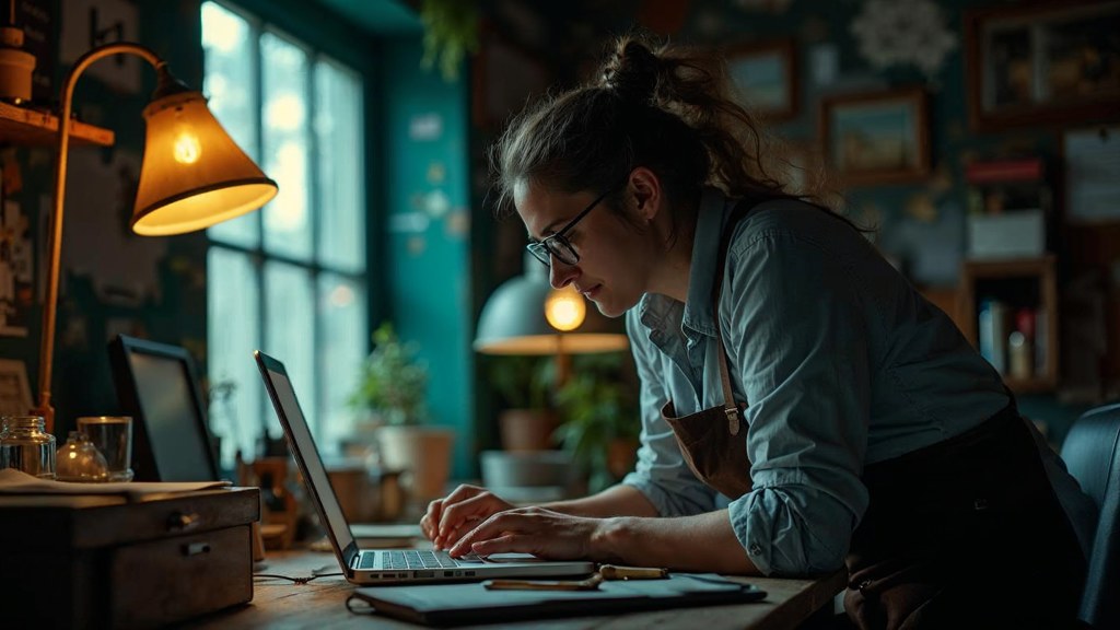 A small-business owner in an apron leaning over a laptop on a cluttered back-office desk late in the day, photographed in Nashville