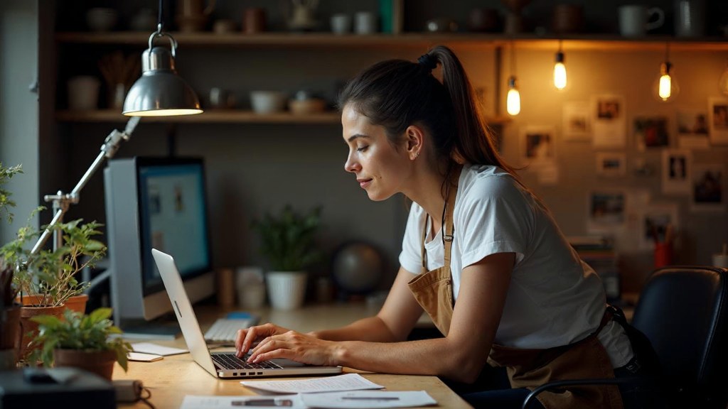A small-business owner in an apron leaning over a laptop on a cluttered back-office desk late in the day, photographed in Nashville