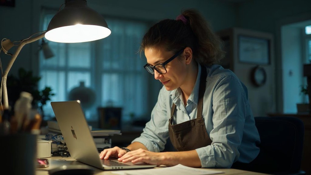 A small-business owner in an apron leaning over a laptop on a cluttered back-office desk late in the day, photographed in Nashville