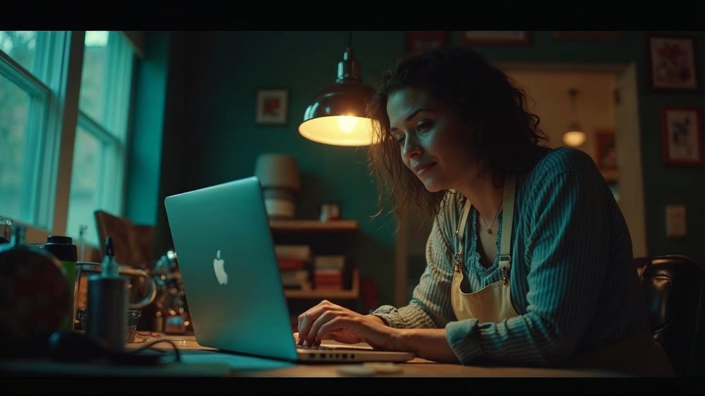 A small-business owner in an apron leaning over a laptop on a cluttered back-office desk late in the day, photographed in Nashville