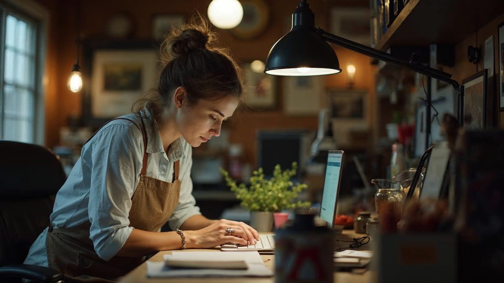 A small-business owner in an apron leaning over a laptop on a cluttered back-office desk late in the day, photographed in Nashville