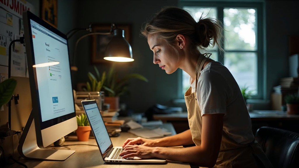 A small-business owner in an apron leaning over a laptop on a cluttered back-office desk late in the day, photographed in Nashville