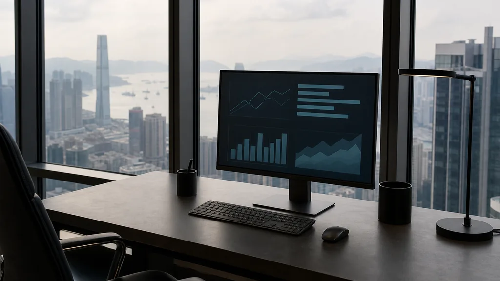 Editorial photograph of a Hong Kong office high above the harbour with dark metal framing and hazy afternoon light