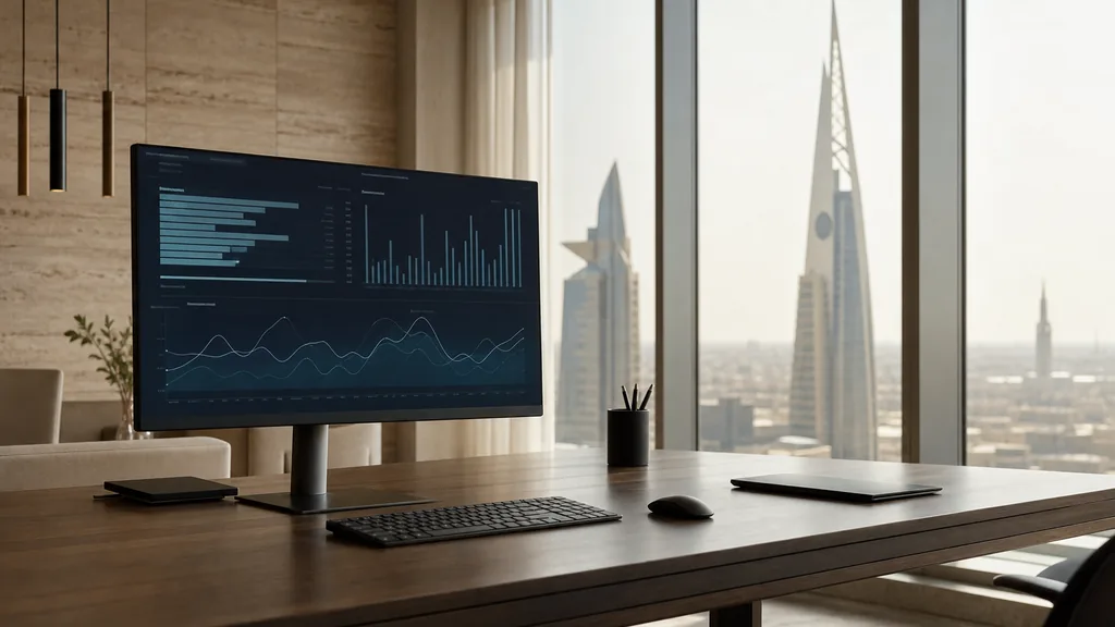 Editorial photograph of a Riyadh office with pale stone walls, tall glazing and bright filtered desert light