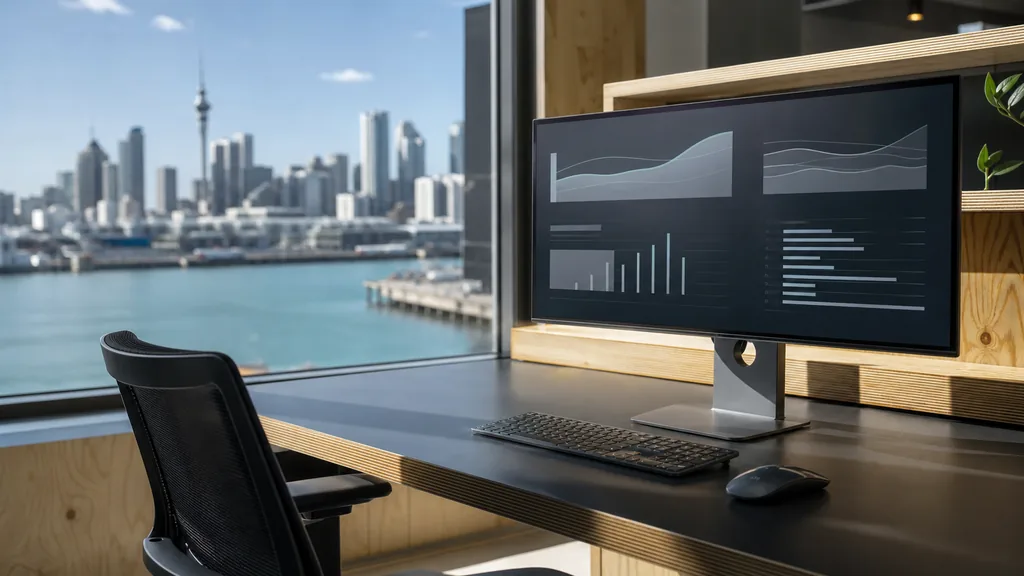 Editorial photograph of an Auckland office with white walls, a harbour-facing window and clear soft southern light