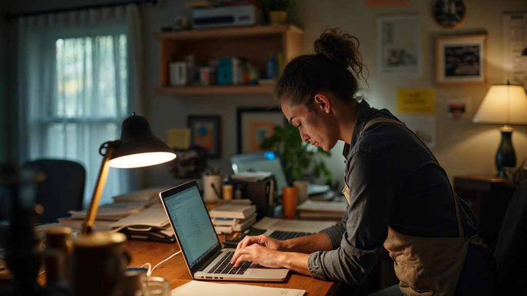 A small-business owner in an apron leaning over a laptop on a cluttered back-office desk late in the day, photographed in New Orleans