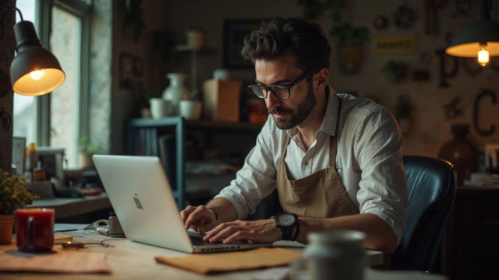 A small-business owner in an apron leaning over a laptop on a cluttered back-office desk late in the day, photographed in New Orleans