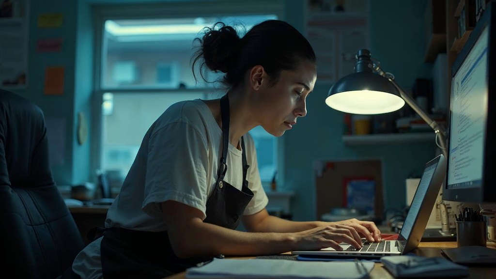 A small-business owner in an apron leaning over a laptop on a cluttered back-office desk late in the day, photographed in New Orleans