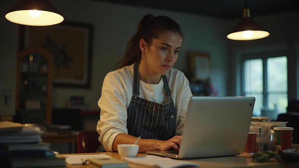 A small-business owner in an apron leaning over a laptop on a cluttered back-office desk late in the day, photographed in New Orleans