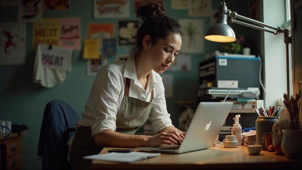 A small-business owner in an apron leaning over a laptop on a cluttered back-office desk late in the day, photographed in New Orleans