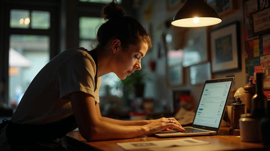 A small-business owner in an apron leaning over a laptop on a cluttered back-office desk late in the day, photographed in New Orleans